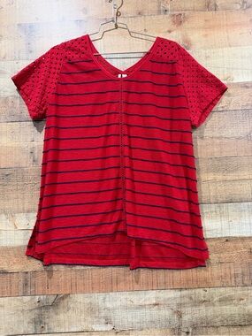 CATO Red V-Neck W Navy Striped Top with Crochet Detail Size 22/24